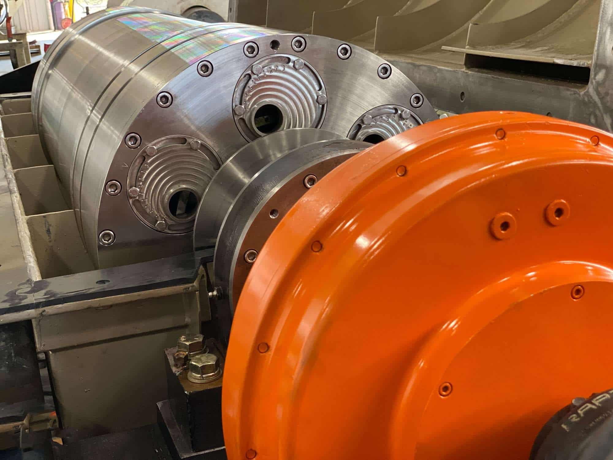 Large industrial decanter centrifuge used for rendering fat and solids separation